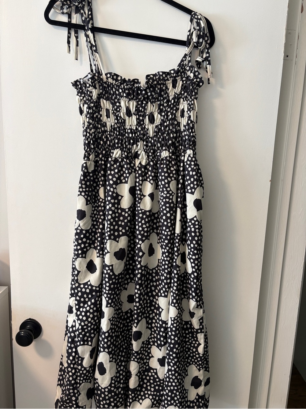 Black & White Floral Smocked Maxi Dress with Tie Straps